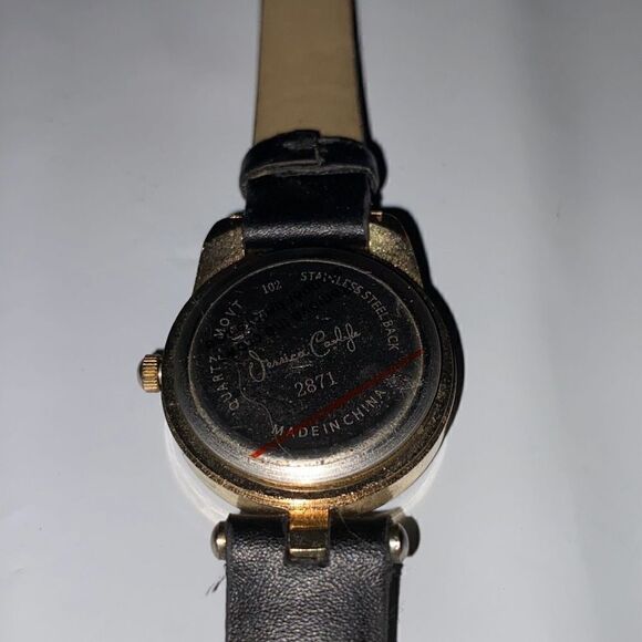 Jessica Carlyle Women's Gold Tone Black Band Cat Rhinestone Bezel Quartz Watch - Picture 7 of 12